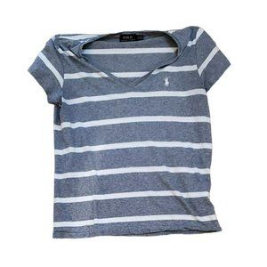 Polo Ralph Lauren Gray White Striped Women's Petite Iconic Logo T Shirt Small